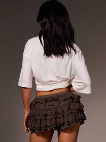 Athîral Summer Women Coquette Balletcore Sweet Bow Kawaii Mesh Contrast Lace Ruffle Trim Low Waist Micro Mini Shorts Summer Shorts Beach Holiday,Brown Ruffle Shorts - Brown - View 2
