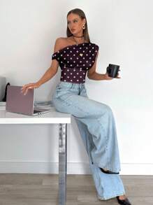 Siren Gaze 女士休闲优雅斜肩紫色波尔卡圆点褶皱短款上衣，适合夏季，适合日常穿着