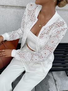 Chiquease Casual Long Sleeve Cropped Hollow Lace Trim Bomber Jacket Fall Winter Cloth For Women - White - View 6