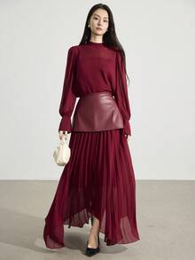 Heiryn Women's Elegant Commuter Shirt & Pleated Skirt 2 Pieces Set - Burgundy - View 2