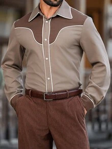 Manfinity Nomadique Men's Casual Color Block Long Sleeve Shirt Western Men Cowboy Shirts Men Western Shirts Cowboy For Men Button-Down Fit Western Shirt, Fall - Multicolor - View 1