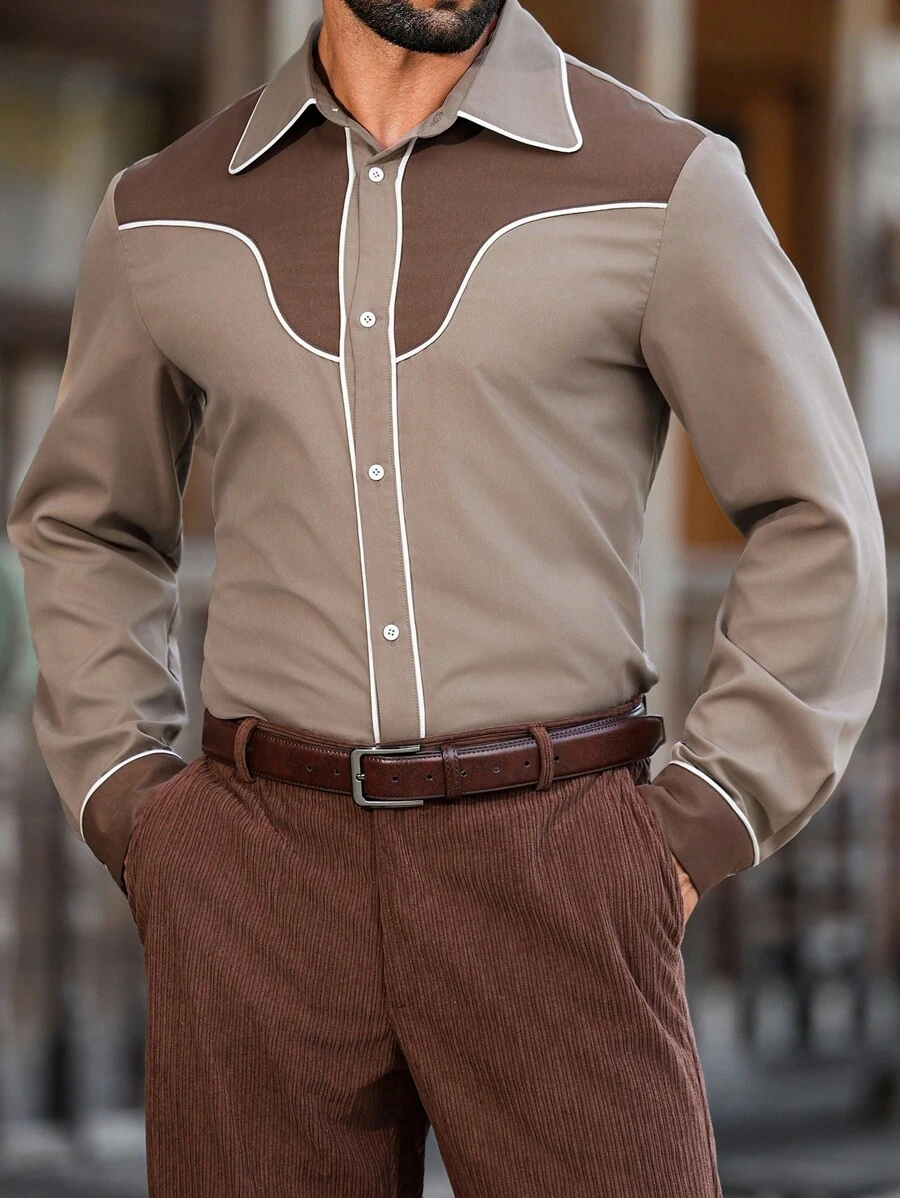 Manfinity Nomadique Men's Casual Color Block Long Sleeve Shirt Western Men Cowboy Shirts Men Western Shirts Cowboy For Men Button-Down Fit Western Shirt, Fall - Multicolor - View 1