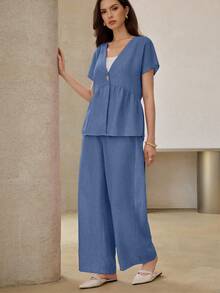 Modelyn 2件組女裝套裝：蝙蝠袖鈕扣襯衫與鬆緊腰直筒長褲，春/秋季 - 藍色 - 查看 3