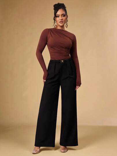 Silquee 女士休闲纯色褶皱修身T恤