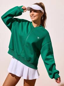 Gameset SHEIN Sport Women's Autumn Thermal Lined Zip-Up Sweatshirt Jacket,Loose Fit Ribbed Collar Tennis Jacket In Shades Of Green,Motivational Slogan Athleisure For Gym - Green - View 3