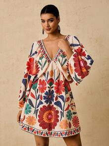 Travachic 加大码波西米亚花卉印花深 V 领长袖收腰性感迷你连衣裙，休闲假日风格，秋季 - 彩色 - 查看 7