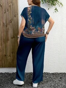 EMERY ROSE Casual Vintage Floral Pattern Plus Size 2 Pieces Set, Suitable For Summer - Blue - View 3