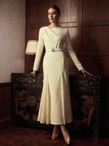 ZEYLAH Vestido de cola de pez con cuello asimétrico y parches de encaje, otoño/invierno - Albaricoque - Ver 6
