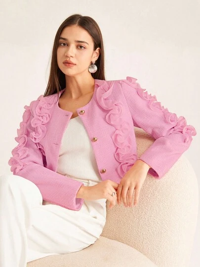 Aveloria Rosie Women's Long Sleeve Pink Warm Lightweight Luxury Design Ruffle Hem Short Jacket Fall Cloth For Women