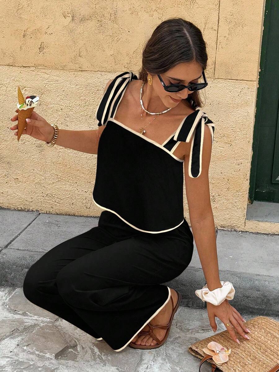 Serisse Women's Camisole Top And Pocket Pants Casual 2 Pieces Set Black Summer Casual Black - Black - View 1