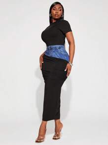 SHEIN SXY Set elegante, glamour e sexy da 2 pezzi in stile minimalista per donna, in effetto jeans con stampa patchwork, adatto per uso quotidiano, festival musicali, concerti, carnevale, vacanze al mare, appuntamenti, compleanni, addio al nubilato, discoteche, casual, shopping, uscite, facile da abbinare e snellente, che valorizza la figura.
