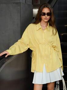 GENKIRA Cream Yellow Gathered Waist Loose Long Sleeve Button-Up Shirt For Women - Yellow - View 1