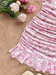 Soleia Vestido mini ajustado con volantes y estampado floral para vacaciones de verano de mujer