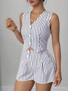 SHEIN Clasi 女式夏季条纹休闲背心和短裤两件套 - 白色 - 查看 3