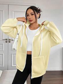 SHEIN EZwear 女式奶油黄色保暖内衬连帽衫，秋冬款 - 黃色 - 查看 4