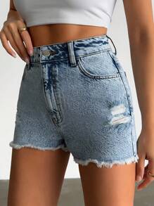 EURMUSE 100%Cotton Back Label Detailed Short With Destroy Summer Outfits For Women - Medium Wash - View 5