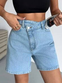 EURMUSE Short en jean taille haute avec ceinture asymétrique - Jean bleu - Voir 6