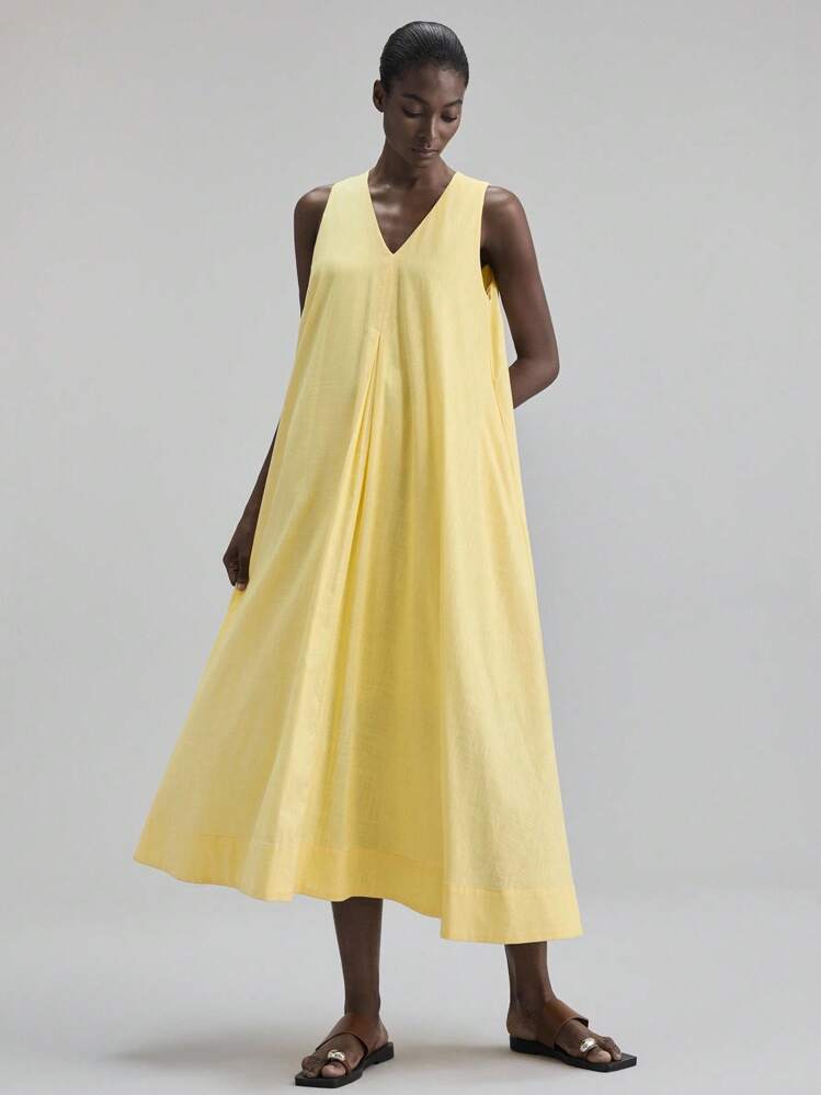 Ontre 女士无袖V领宽松连衣裙，休闲海滩度假装，波西米亚海岛度假风连衣裙，适合音乐节、万圣节、圣诞节、派对等场合，优雅连衣裙 - 黃色 - 查看 5