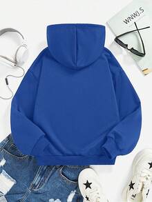 SHEIN Leap Crew Teen Girls' Casual Pattern Long Sleeve Hooded Thick Sweatshirt, Suitable For Autumn/Winter Fall - Blue - View 2
