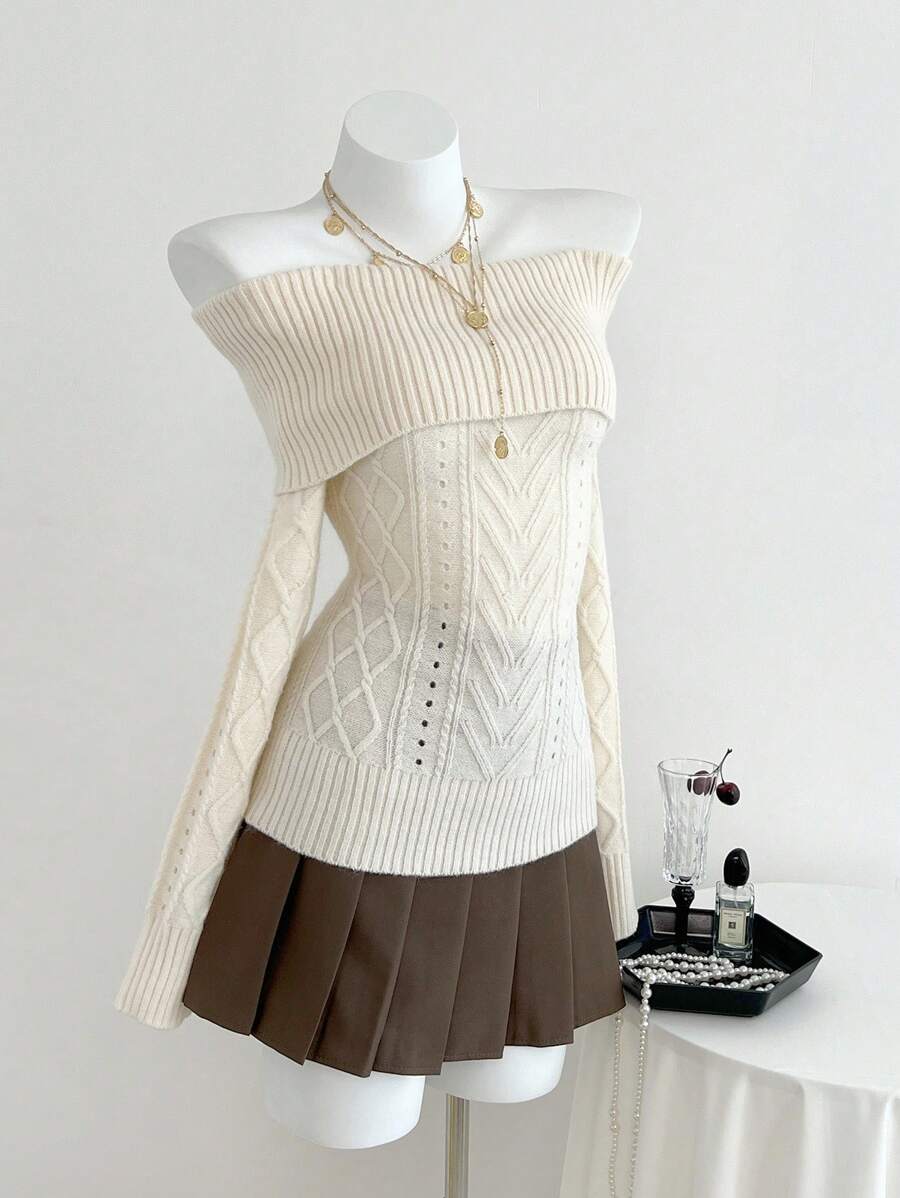 Elamini 时尚百搭纯色露肩修身毛衣 - 白色 - 查看 1