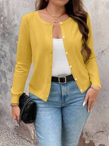 EMERY ROSE Cárdigan sólido versátil y casual de talla grande - Amarillo - Ver 1