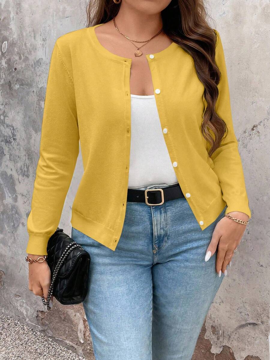 EMERY ROSE Cárdigan sólido versátil y casual de talla grande - Amarillo - Ver 1