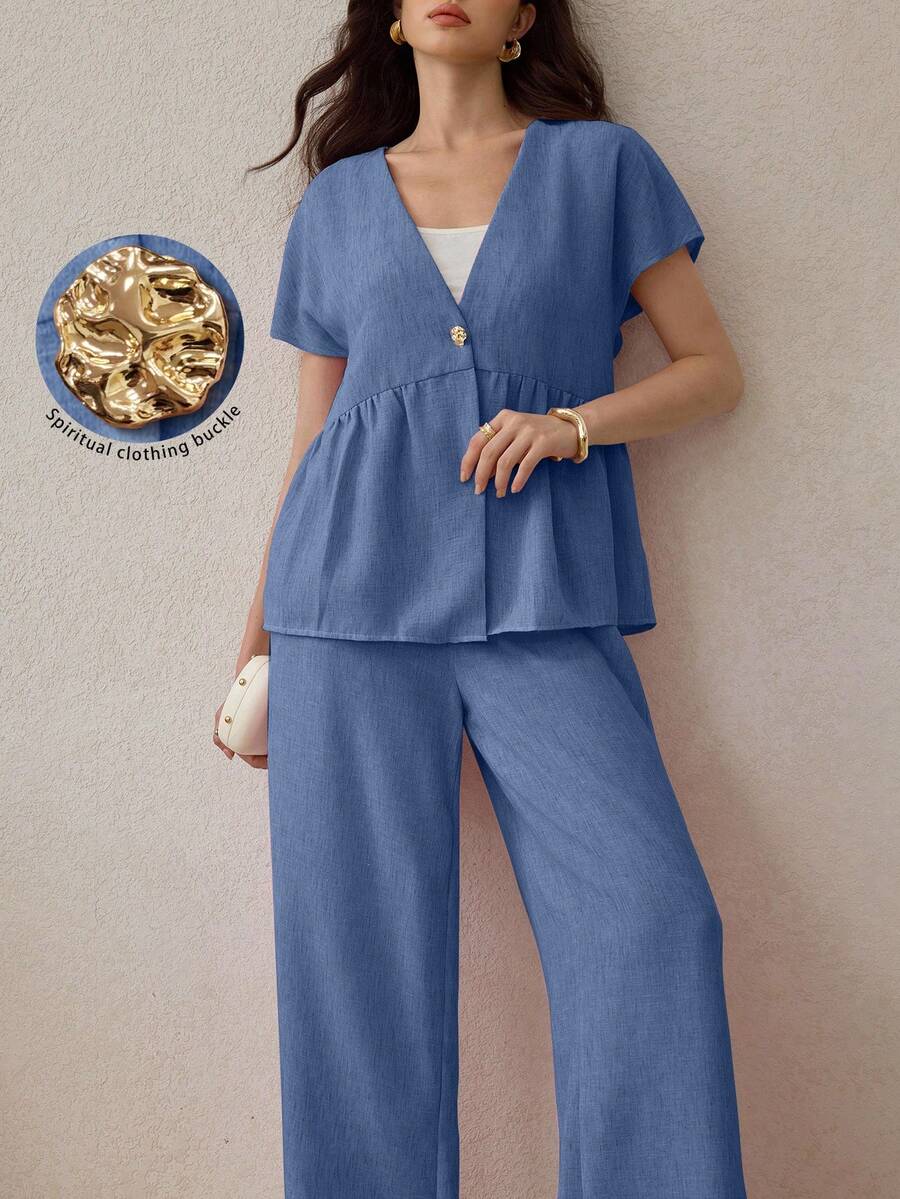 Modelyn 2件組女裝套裝:蝙蝠袖鈕扣襯衫與鬆緊腰直筒長褲,春/秋季 - 藍色 - 查看 1