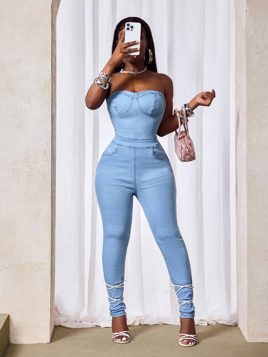 Slaydiva Women's Casual Sexy Backless Strap Tight Denim Jumpsuit, Summer - Blue - View 1