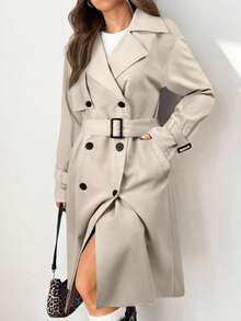 SHEIN EZwear 女款杏色缺角领双排扣长袖防皱时尚风衣 秋冬 - 杏色 - 查看 6