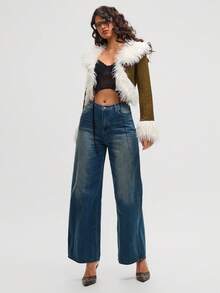 Aloruh Abrigo de mujer de moda con parches de piel sintética de color contrastante, ideal para el otoño y el regreso a la escuela - Gris Oscuro - Ver 4