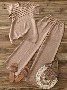 SHEIN LUNE Conjunto de 2 piezas de top de tirantes y pantalones de unicolor casual en talla grande - Caqui - Ver 1