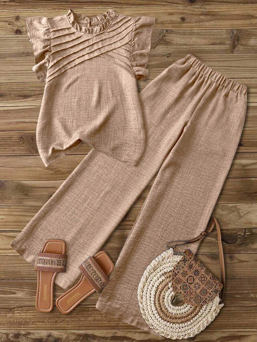 SHEIN LUNE Conjunto de 2 piezas de top de tirantes y pantalones de unicolor casual en talla grande - Caqui - Ver 1