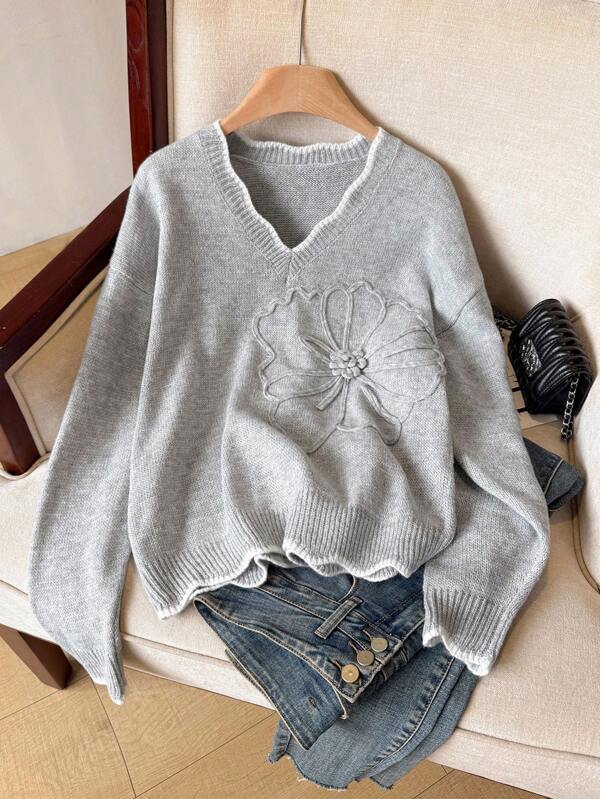 SHEIN Frenchy Women's Contrast Color V-Neck Dropped Shoulder Long Sleeve Loose Knit Sweater,Loose Wavy V-Neck Long Sleeve 3D Embroidery Casual Sweater,Casual Versatile,Casual Gray Round Neck Crochet Floral Pattern Long-Sleeve Sweater,Suitable For Autumn Single Wear,Winter Layered Sweater Top,Contrasting Color Wave-Edge Trim Sweater Fabric,Plush Texture Fluffy Warm Sweater Fabric,Loose Fit Silhouette,V-Neck Sweater ,Simple Fashion Casual Everyday For Commuting, Knit Top Women,Sweater For Women,Fall Clothes,Winter Clothes,Homecoming,Old Money Style Women, Gray V Neck Sweater, Womens Gray Sweater, Floral Embroidered Sweater, V-Neck Knit Sweater, Gray Sweater For Women