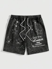 ROMWE MEN Street Life 男士星星水钻抽绳腰口袋宽松水洗短裤 - 黑色 - 查看 7