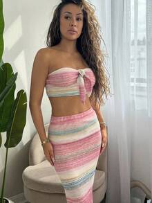 RebeccaVibe 女士条纹短款抹胸和迷你裙套装 女士条纹短款抹胸和迷你裙套装 节日约会之夜下午茶 春夏季度假 - 彩色 - 查看 1