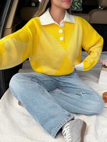 SHEIN Cozy Oversized Knit With Argyle Pattern And Polo Collar Charm Yellow Sweater Womens Sweater Button Up Sweater Yellow Cardigan Diamond Pattern Sweater,Jumper,Cream Jumper,Jumpers,Black Jumper,White Jumper,Women's Jumper,Women's Jumpers,Winter Clothes