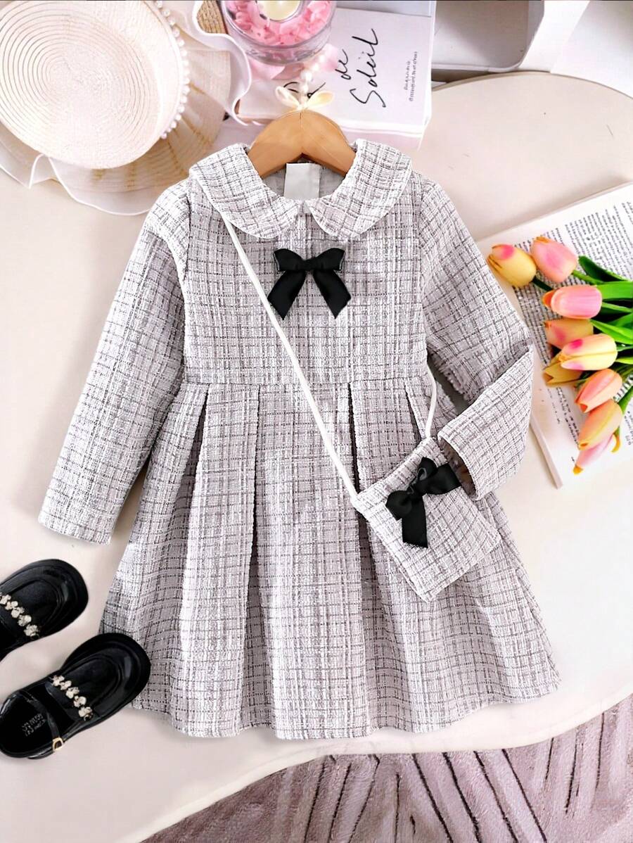 Young Girl Cute White Peter Pan Collar Long Sleeve Textured High Waist Short Dress With 3D Bow&Matching Bag,Back-To-School Autumn 7th Birthday Fall - Grey - View 1