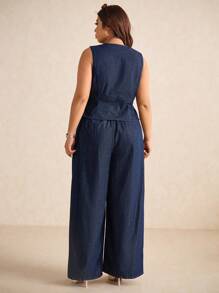 Elaquor Plus Size Dark Blue Denim Two-Piece Sleeveless Vest Plus High Waist Straight Pants Can Be Layered And Worn For An Elegant French Autumn Outfit