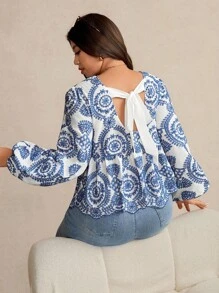 Elaquor Blus Wanita Ukuran Besar Kasual Modis Serbaguna dengan Bordir, Tali Belakang, Ruffle, dan Patchwork Warna Biru & Putih, Lengan Panjang, Pakaian Musim Gugur untuk Wanita - Blue and White - View 3