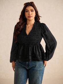 Elaquor 大码休闲纯色荷叶边下摆灯笼袖衬衫