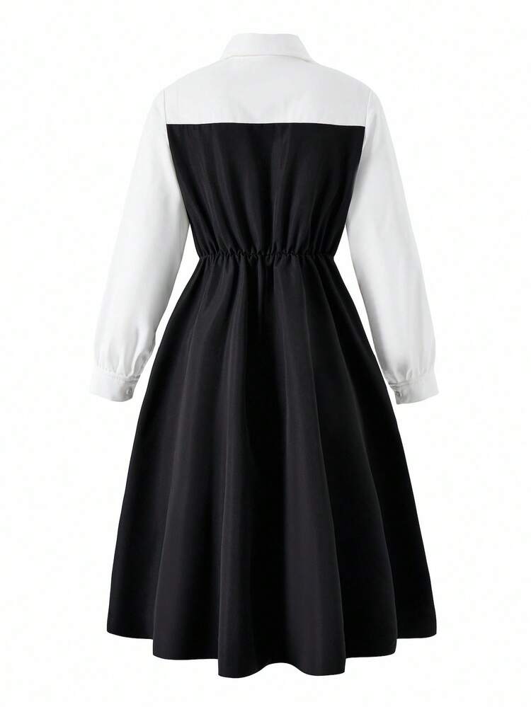 1pc Girls' Long Sleeve Collared Shirt Dress, Casual Midi Dress For Daily Wear, Autumn - Black and White - View 4