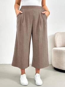 SHEIN Essnce Plus Size Women's Spring And Summer Fashion Casual Loose And Comfortable Daily Elastic Waist Blue Wide-Leg Pants Cropped Pants,Baggy Pants ,Women Bottom,Capris For Women,European Summer,Work Pants