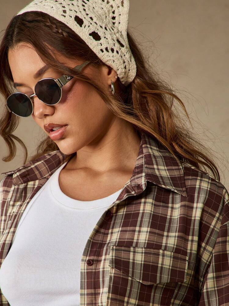 MISSGUIDED Oversized Brown Plaid Button Down Shirt Long Sleeve Flannel Blouse Fall Winter Casual Preppy Grunge Layer Piece Button Up Collared Top
