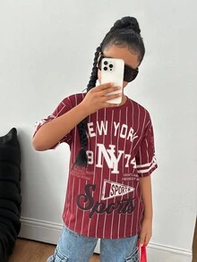 Mädchen Streetwear Lässig vielseitige Sport Amerikanisches Team Baseball gestreift Graffiti oversized Kurzarm Rundhals T-Shirt, Urlaub, Sommer, Reise - Rot - Übersicht 4