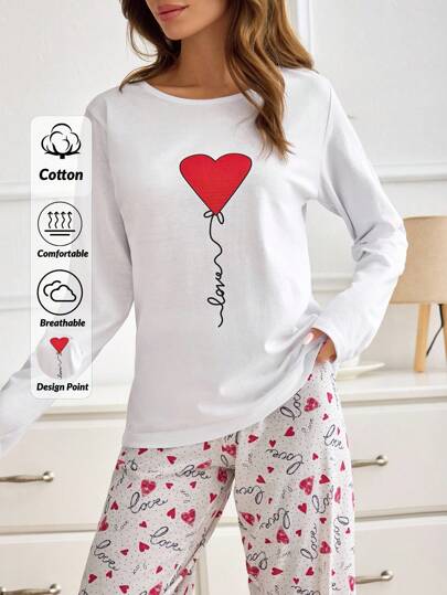 EURMUSE Cotton Women Love Print Long Sleeved Shirt&Sleep Bottoms Pajama Set White Set Heart Pajama Set Pajama Sets For Women Long Sleeve Cute Sleep Wear Women Comfy Pajamas Set Womens Pajamas Love Heart Print