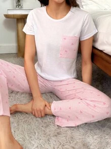 EURMUSE 2 件/女士心形印花细节口袋和心形印花睡裤家居服睡衣套装