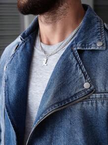 Manfinity LEGND 男士中蓝色成熟街头风格牛仔夹克，带领拉链，牛仔机车夹克，适合丈夫和男朋友，秋季 - 中等水洗藍 - 查看 6