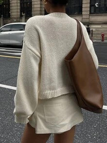 DAZY French Crew Neck Fluffy Rolled Cuff Cable Knit Solid Color Soft & Cozy Loose Pullover Sweater, Autumn/Winter - Apricot - View 2