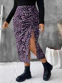SHEIN VCAY 大码女式时尚豹纹开衩下摆半身裙