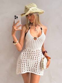 Swim Glamine 女式钩针串珠波西米亚风露背长裙，棕色和米色，休闲优雅的 A 字裙 - 米色 - 查看 2